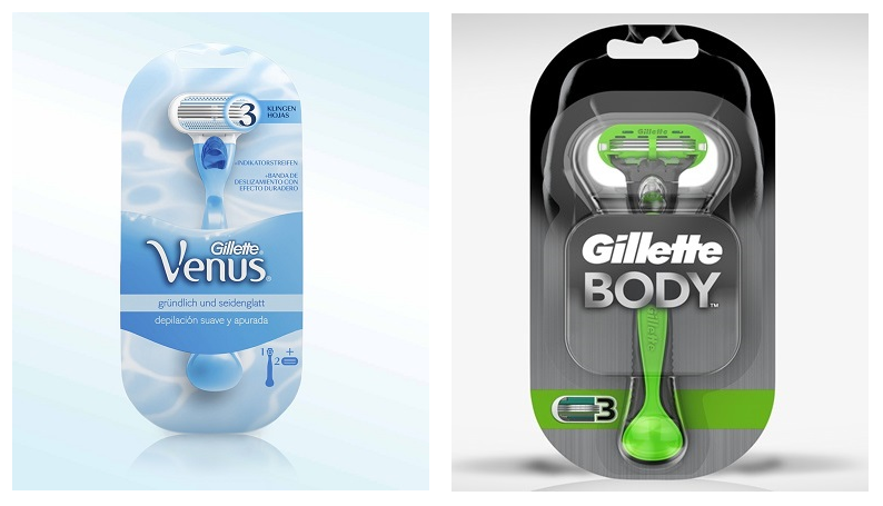 Bild zweier Rasierer: Gillette Venus (Frauen Rasierer) und Gillette Body (Männer Rasierer)