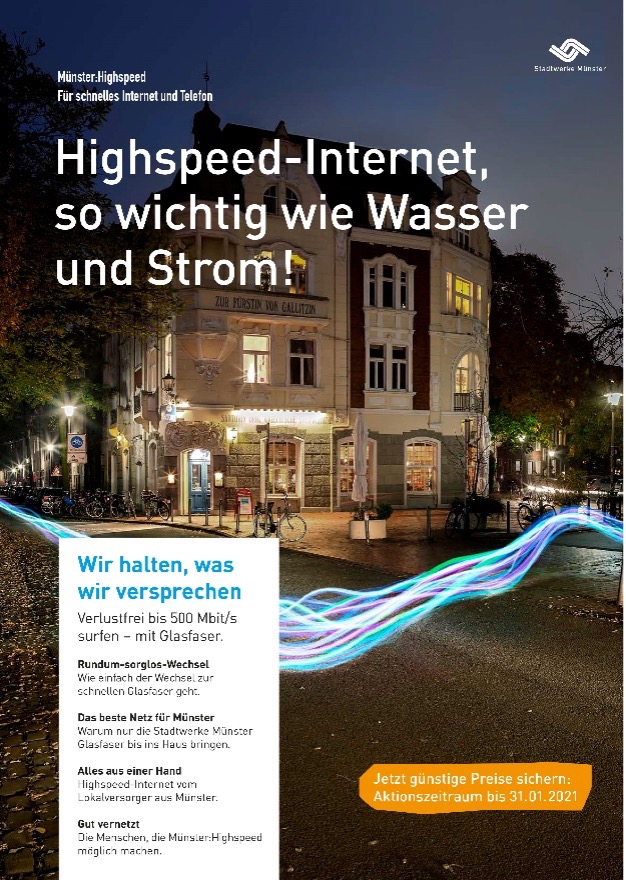2017: Titel der Glasfaserzeitung für die Pilotgebiete Hansaviertel und Amelsbüren, mit bildlichem Bezug zu Produkt und Stadt.