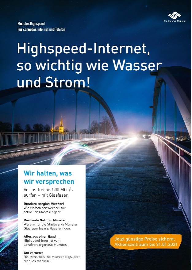 2017: Titel der Glasfaserzeitung für die Pilotgebiete Hansaviertel und Amelsbüren, mit bildlichem Bezug zu Produkt und Stadt.